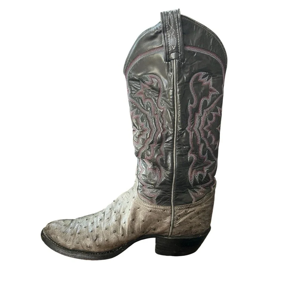 Vintage Tony Lama Mens Cowboy Boots Full Quill Ostrich 8610 Gray Size 7.5 E READ